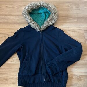 American Eagle Outfitters Navy Hooded Jacket with Faux-Fur Trim